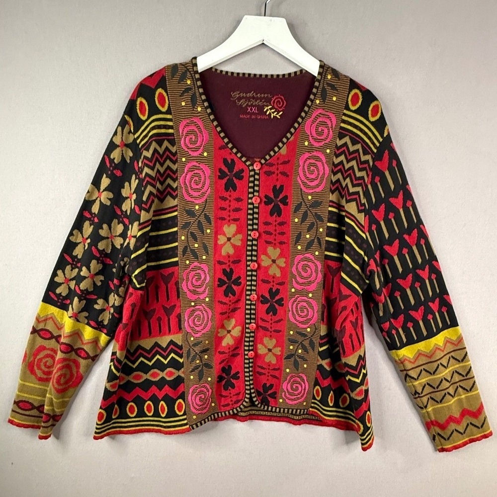 Gudrun Sjoden Cardigan Women XXL Red Floral Folk Organic Cotton Button Sweater